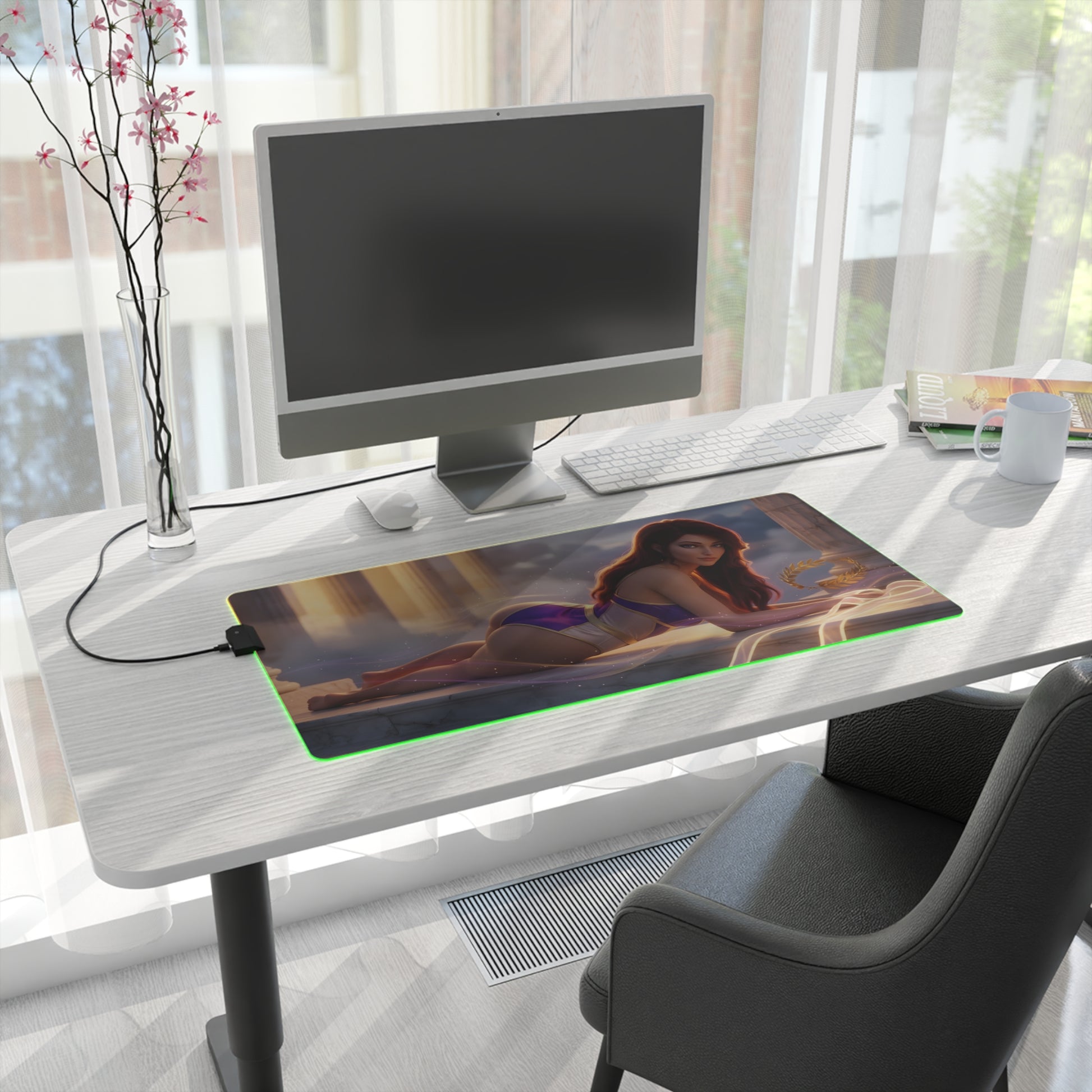 Megara RGB Mouse Pad – Hercules LED Desk Mat, Fantasy Gamer Decor showing heroine artwork on extended RGB desk mat with green edge lighting