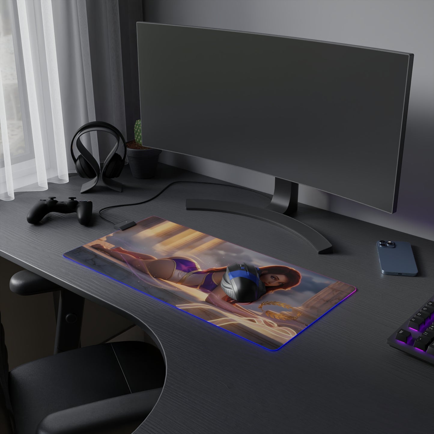 Megara RGB Mouse Pad – Hercules LED Desk Mat, Fantasy Gamer Decor featuring Hercules-inspired heroine art on extended LED gaming desk mat