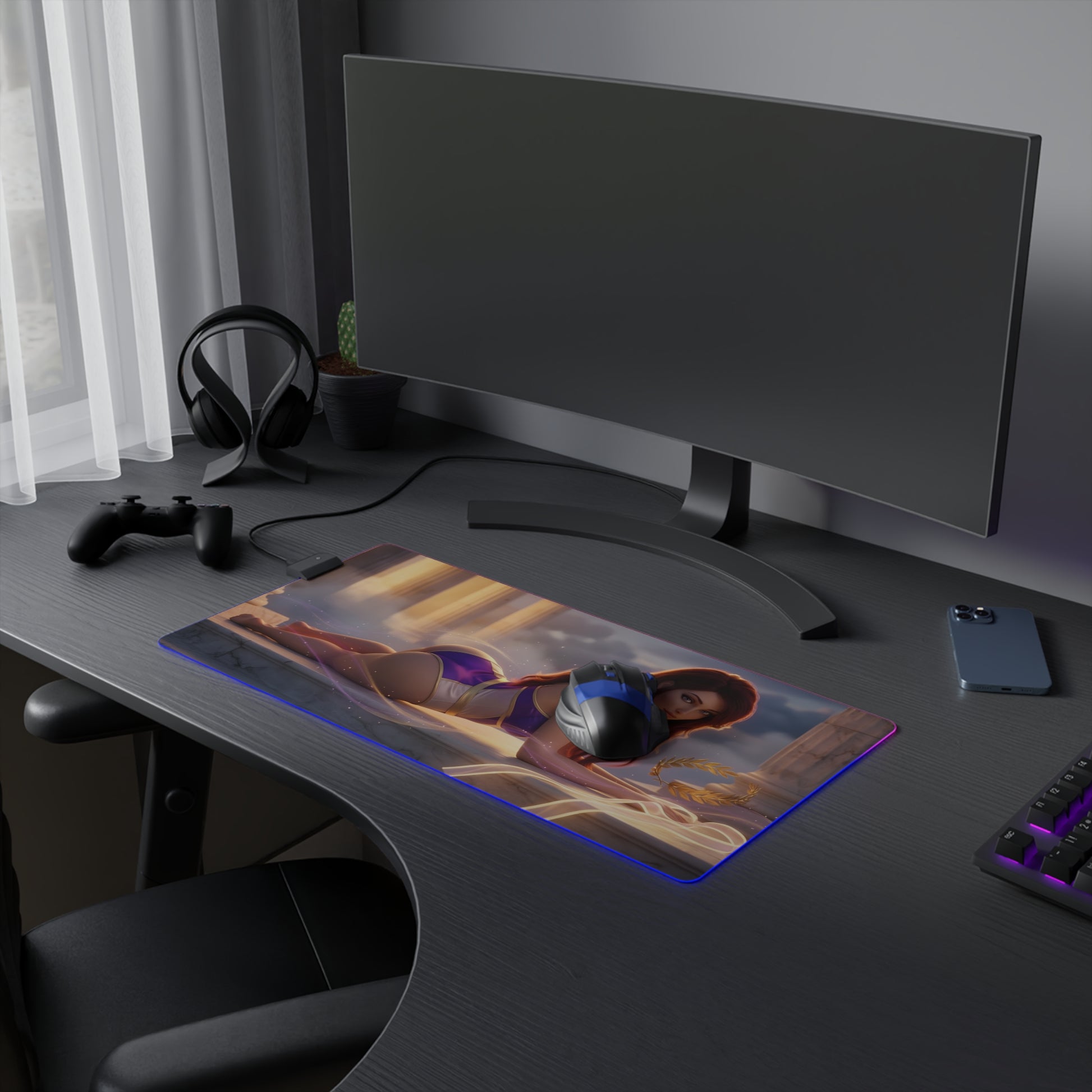 Megara RGB Mouse Pad – Hercules LED Desk Mat, Fantasy Gamer Decor featuring Hercules-inspired heroine art on extended LED gaming desk mat
