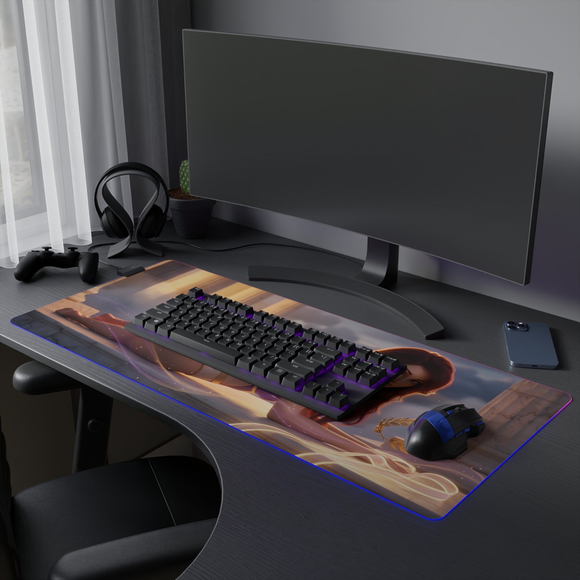 Megara RGB Mouse Pad – Hercules LED Desk Mat, Fantasy Gamer Decor showcasing Hercules heroine artwork on extended RGB desk mat with keyboard and mouse