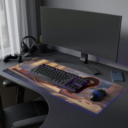 Megara RGB Mouse Pad – Hercules LED Desk Mat, Fantasy Gamer Decor showcasing Hercules heroine artwork on extended RGB desk mat with keyboard and mouse