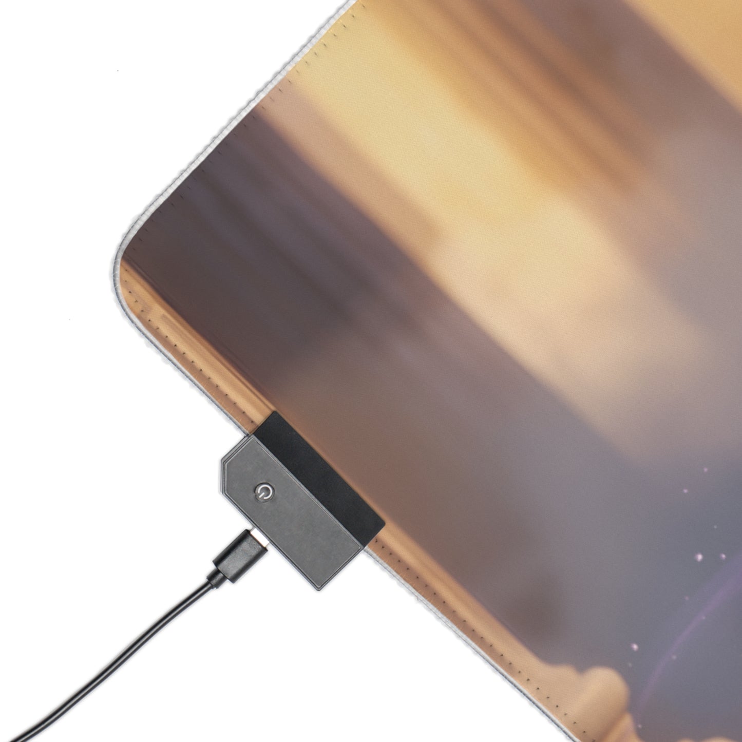 Megara RGB Mouse Pad – Hercules LED Desk Mat, Fantasy Gamer Decor close-up of LED connector and stitched edge on extended desk mat