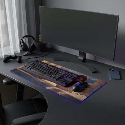 Megara RGB Mouse Pad – Hercules LED Desk Mat, Fantasy Gamer Decor showing heroine art, extended LED desk mat with keyboard and mouse on dark gaming setup