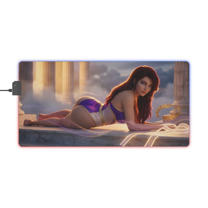 Megara RGB Mouse Pad – Hercules LED Desk Mat, Fantasy Gamer Decor showing reclining heroine artwork, RGB edge lighting, extended anti-slip desk mat