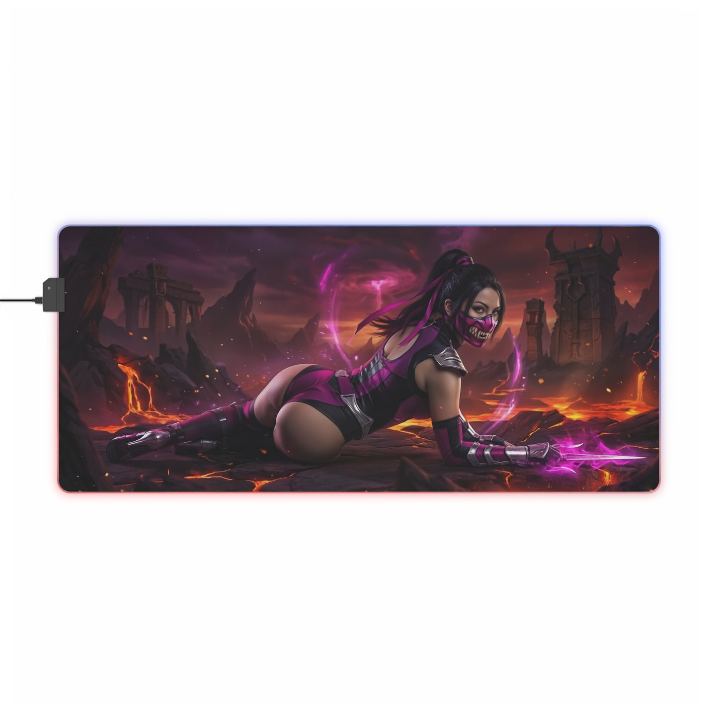 Mortal Kombat Mouse Pad, Mileena LED RGB Desk Mat, Gift for Gamer, Fighting Game Decor — Mileena on volcanic arena with purple energy