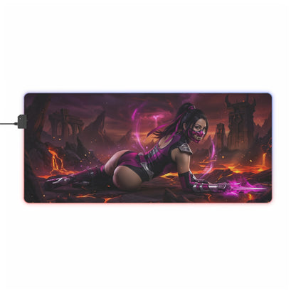Mortal Kombat Mouse Pad, Mileena LED RGB Desk Mat, Gift for Gamer, Fighting Game Decor — Mileena on volcanic arena with purple energy