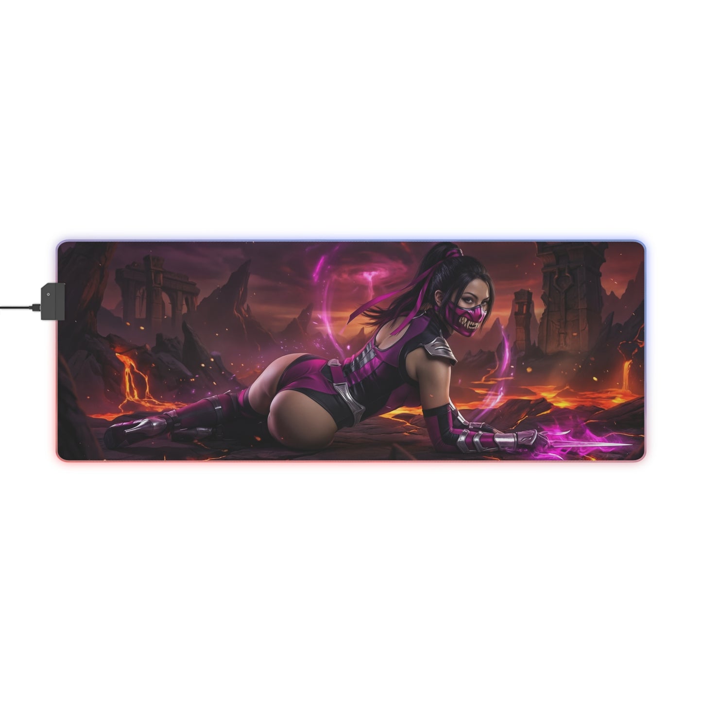 Mortal Kombat Mouse Pad, Mileena LED RGB Desk Mat, Gift for Gamer, Fighting Game Decor - Mileena in volcanic arena with purple glow