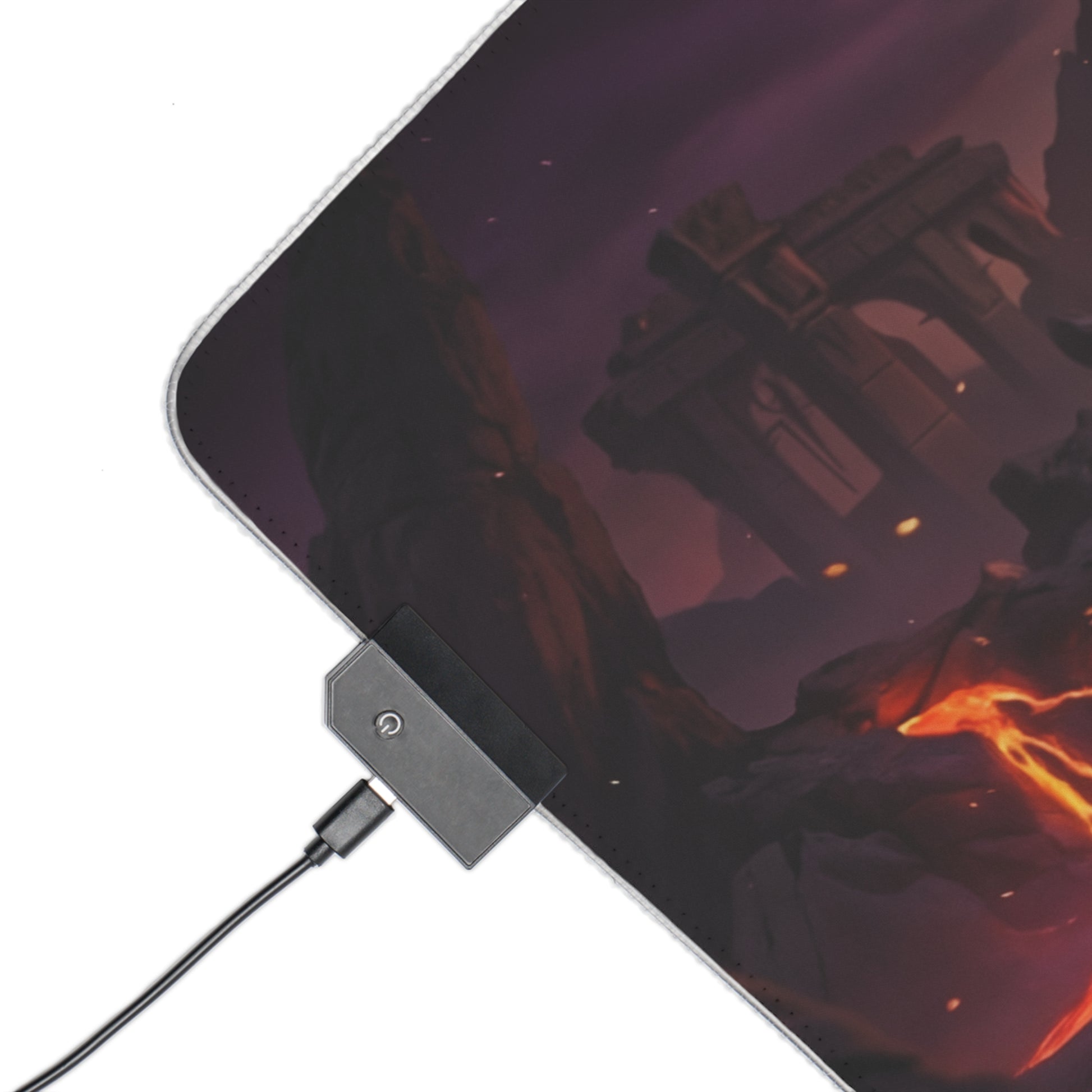 Mortal Kombat Mouse Pad, Mileena LED RGB Desk Mat, Gift for Gamer, Fighting Game Decor - corner view with USB LED controller and volcanic arena art