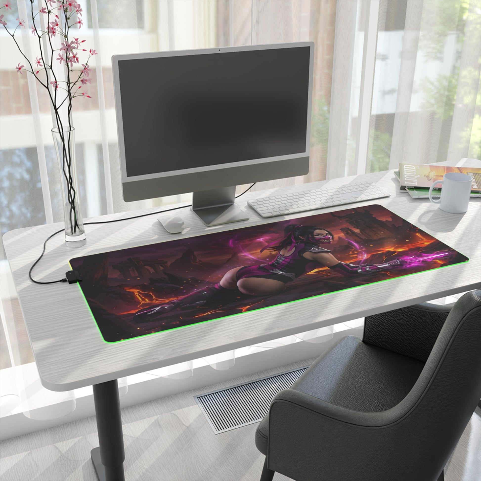 Mortal Kombat Mouse Pad, Mileena LED RGB Desk Mat, Gift for Gamer, Fighting Game Decor - Mileena gaming desk mat with purple LED glow