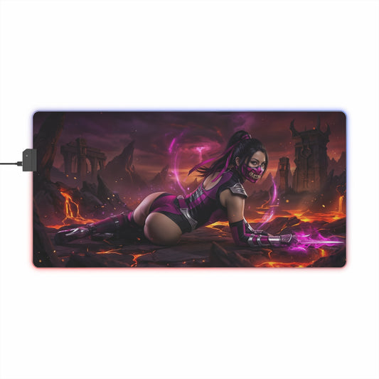 Mortal Kombat Mouse Pad, Mileena LED RGB Desk Mat, Gift for Gamer, Fighting Game Decor - Mileena on volcanic arena with purple LED glow