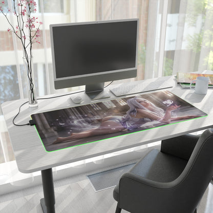 Fairy Tail Mouse Pad, Mirajane Strauss LED RGB Desk Mat, Gift for Gamer, Anime Room Decor — large RGB desk mat with Mirajane artwork on modern white gaming desk