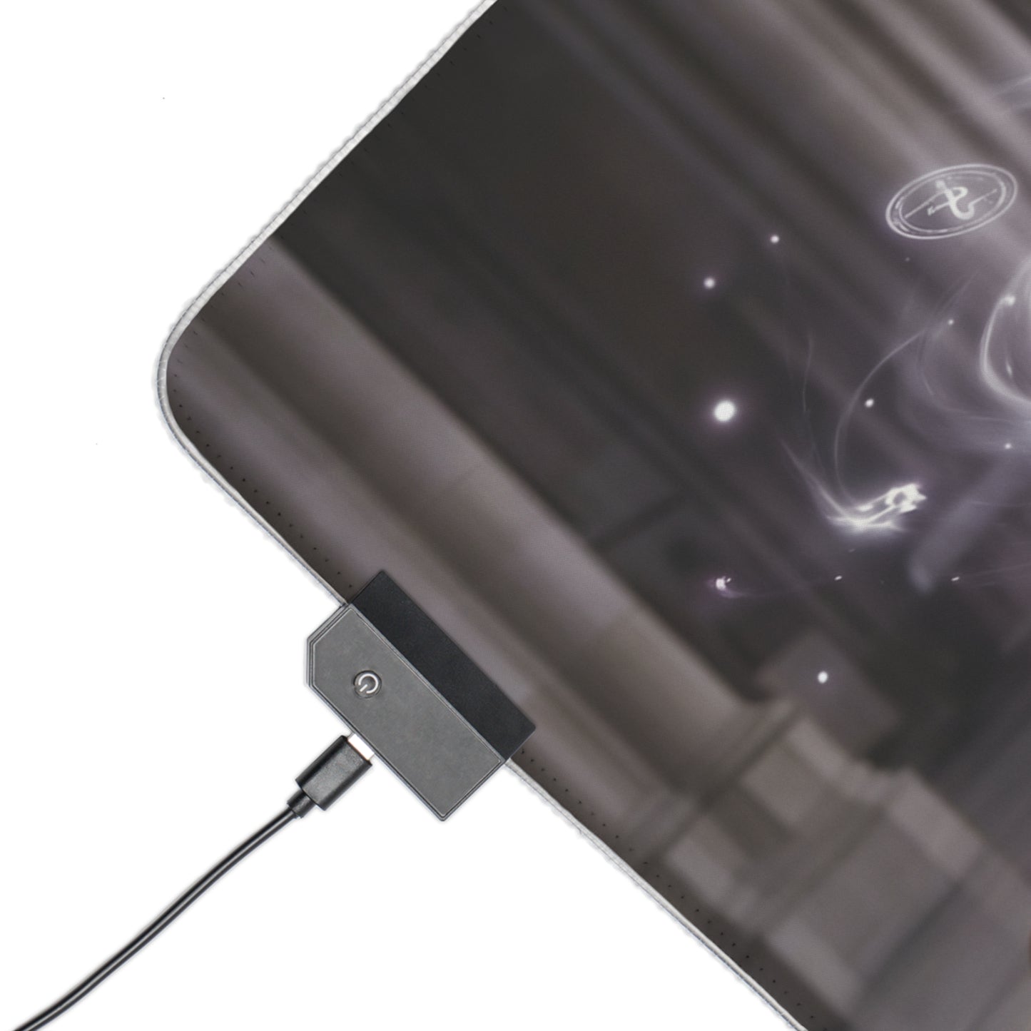 Fairy Tail Mouse Pad, Mirajane Strauss LED RGB Desk Mat, Gift for Gamer, Anime Room Decor - corner closeup showing LED controller and glowing arcane design