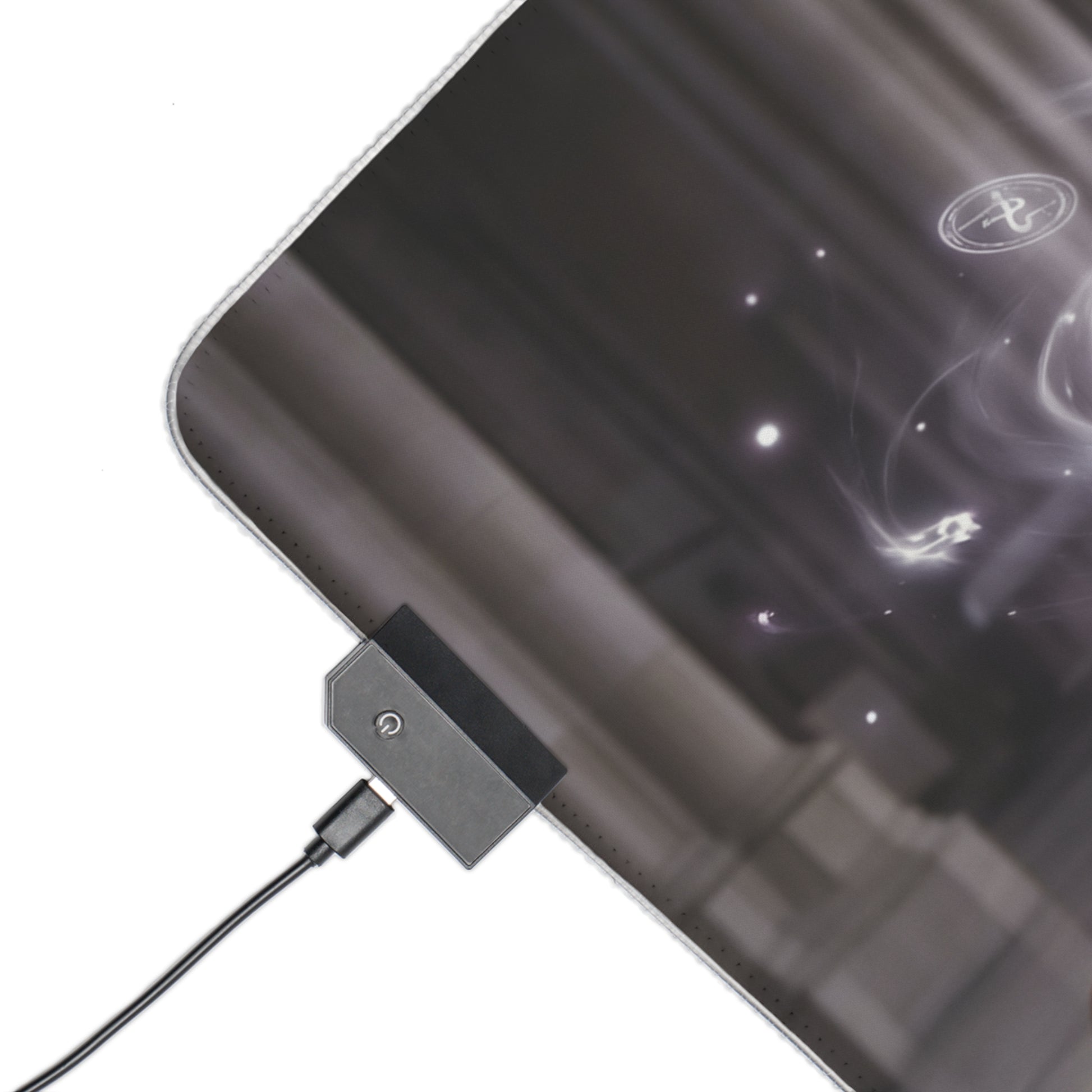 Fairy Tail Mouse Pad, Mirajane Strauss LED RGB Desk Mat, Gift for Gamer, Anime Room Decor - corner closeup showing LED controller and glowing arcane design
