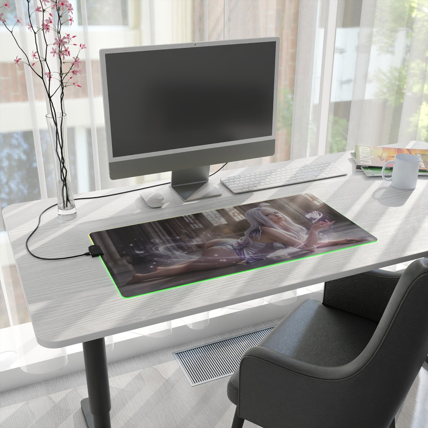 Fairy Tail Mouse Pad, Mirajane Strauss LED RGB Desk Mat, Gift for Gamer, Anime Room Decor — illuminated large gaming desk mat with Mirajane artwork