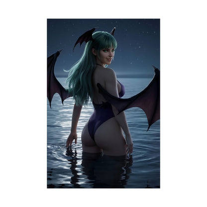 Darkstalkers Poster – Morrigan Aensland Art Print, Fantasy Game Wall Art featuring Morrigan standing in moonlit ocean with bat wings and gothic night sky