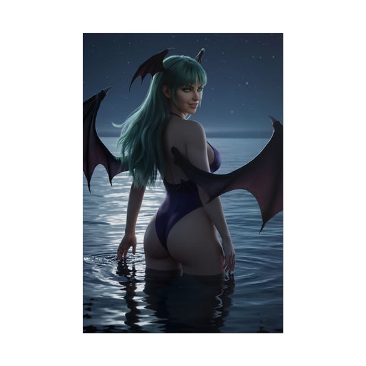Darkstalkers Poster – Morrigan Aensland Art Print, Fantasy Game Wall Art of Morrigan standing in moonlit ocean with bat wings and starry gothic sky