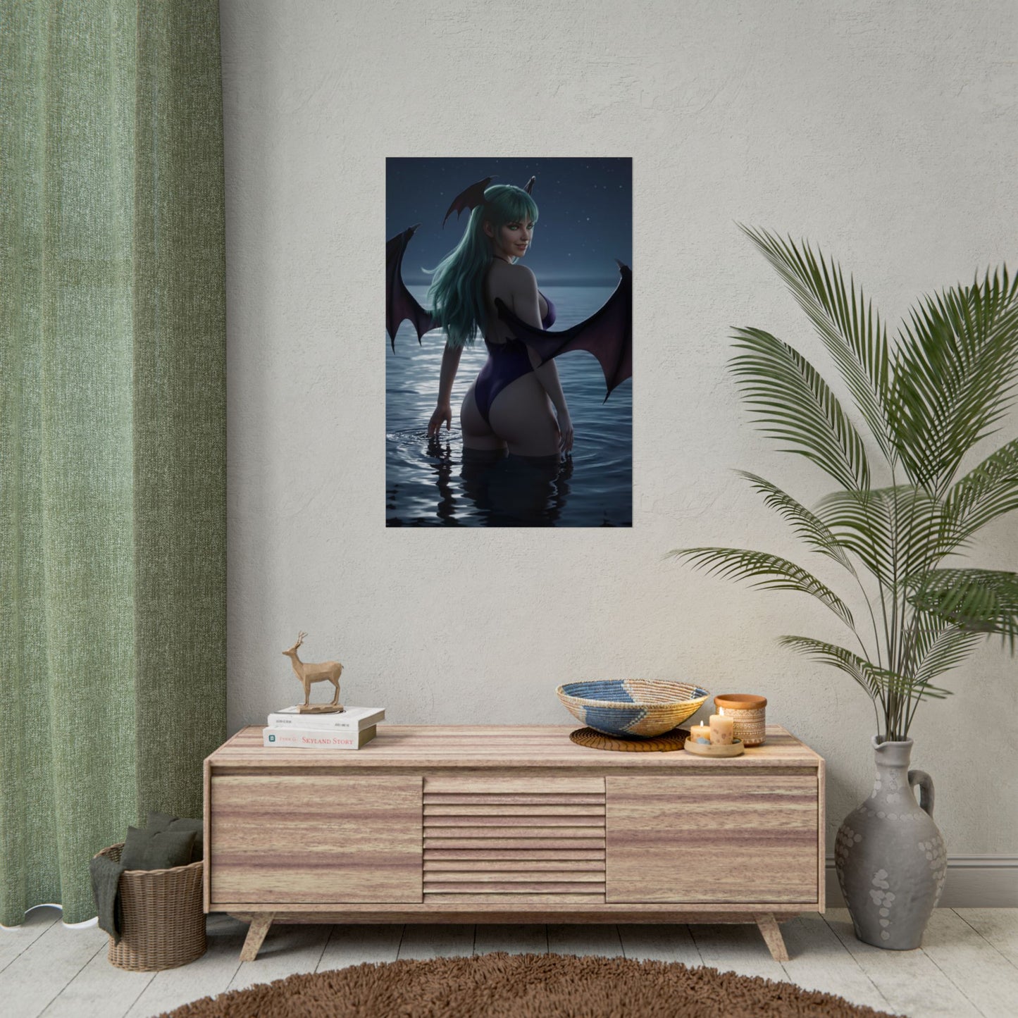 Darkstalkers Poster – Morrigan Aensland Art Print, Fantasy Game Wall Art showing succubus with bat wings standing in moonlit ocean