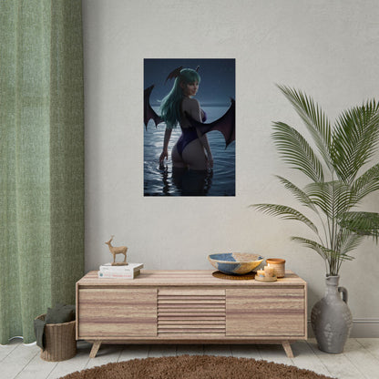Darkstalkers Poster – Morrigan Aensland Art Print, Fantasy Game Wall Art showing succubus with bat wings standing in moonlit ocean