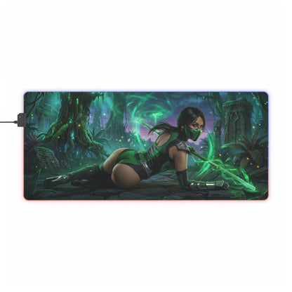 Mortal Kombat Mouse Pad – Jade Illuminated Desk Mat, LED RGB Gamer Room Decor, Gift for Gamer with glowing emerald Jade battle scene on LED desk mat