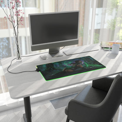Mortal Kombat Mouse Pad – Jade Illuminated Desk Mat, LED RGB Gamer Room Decor, Gift for Gamer on modern desk with green LED edge and Jade artwork