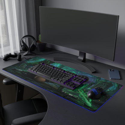 Mortal Kombat Mouse Pad – Jade Illuminated Desk Mat, LED RGB Gamer Room Decor, Gift for Gamer showcasing glowing emerald Jade battle scene on extended desk mat