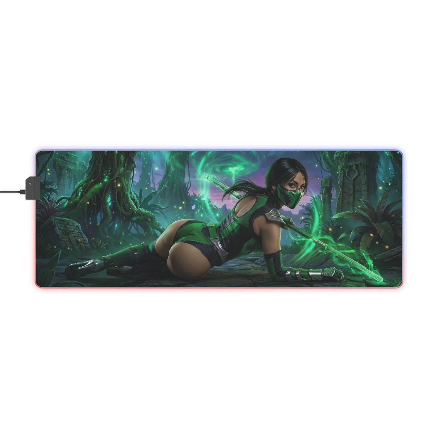 Mortal Kombat Mouse Pad – Jade Illuminated Desk Mat, LED RGB Gamer Room Decor, Gift for Gamer — Jade glowing emerald battle scene desk mat