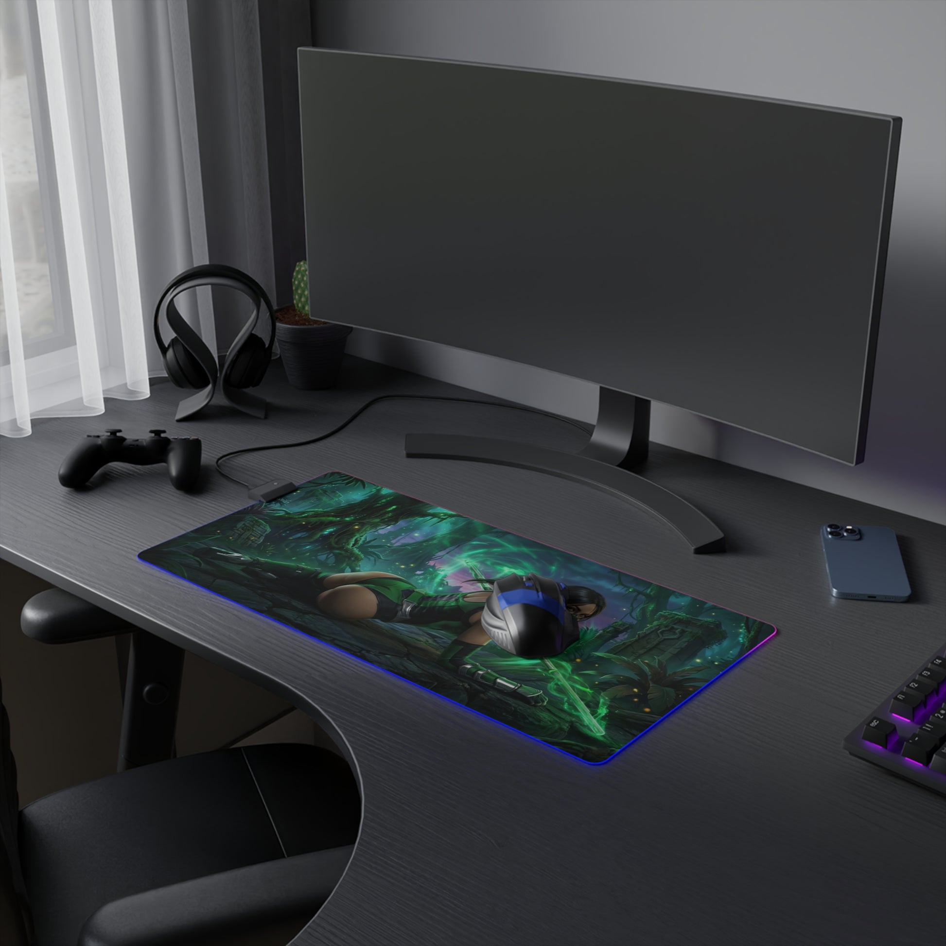 Mortal Kombat Mouse Pad – Jade Illuminated Desk Mat, LED RGB Gamer Room Decor, Gift for Gamer on gaming desk with glowing emerald battle art