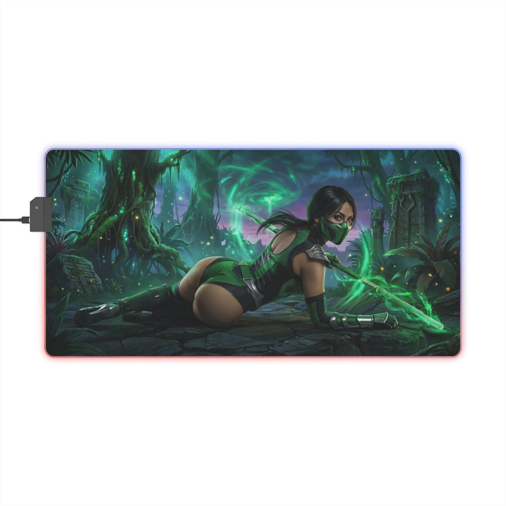 Mortal Kombat Mouse Pad – Jade Illuminated Desk Mat, LED RGB Gamer Room Decor, Gift for Gamer showing Jade in glowing emerald battle scene