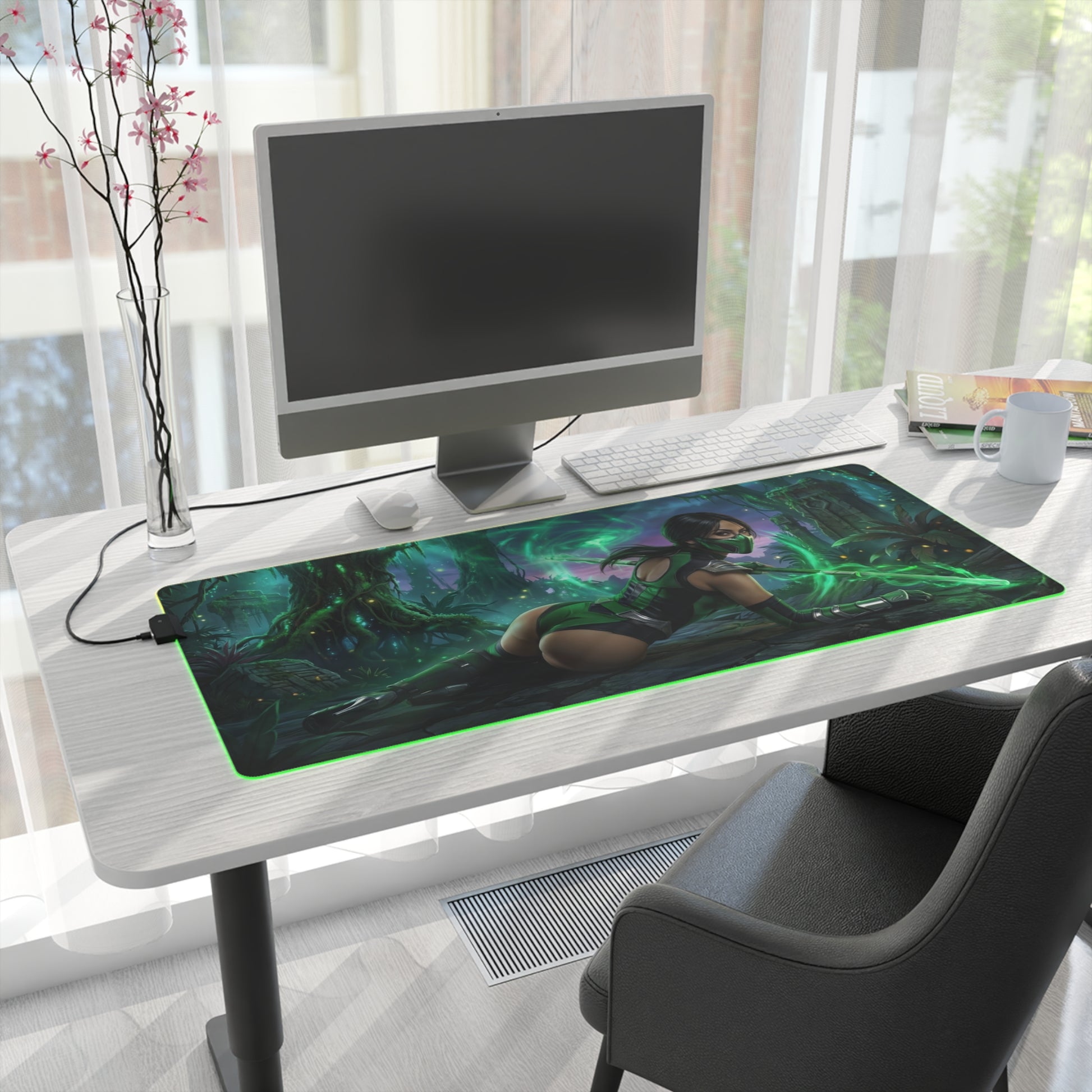 Mortal Kombat Mouse Pad – Jade Illuminated Desk Mat, LED RGB Gamer Room Decor, Gift for Gamer on desk with glowing green LED border and high‑def Jade artwork
