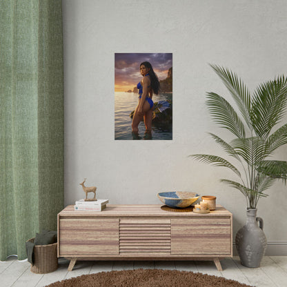 Mortal Kombat Poster – Kitana Art Print, Fighting Game Wall Art featuring Kitana at sunset on a rocky shoreline in blue outfit