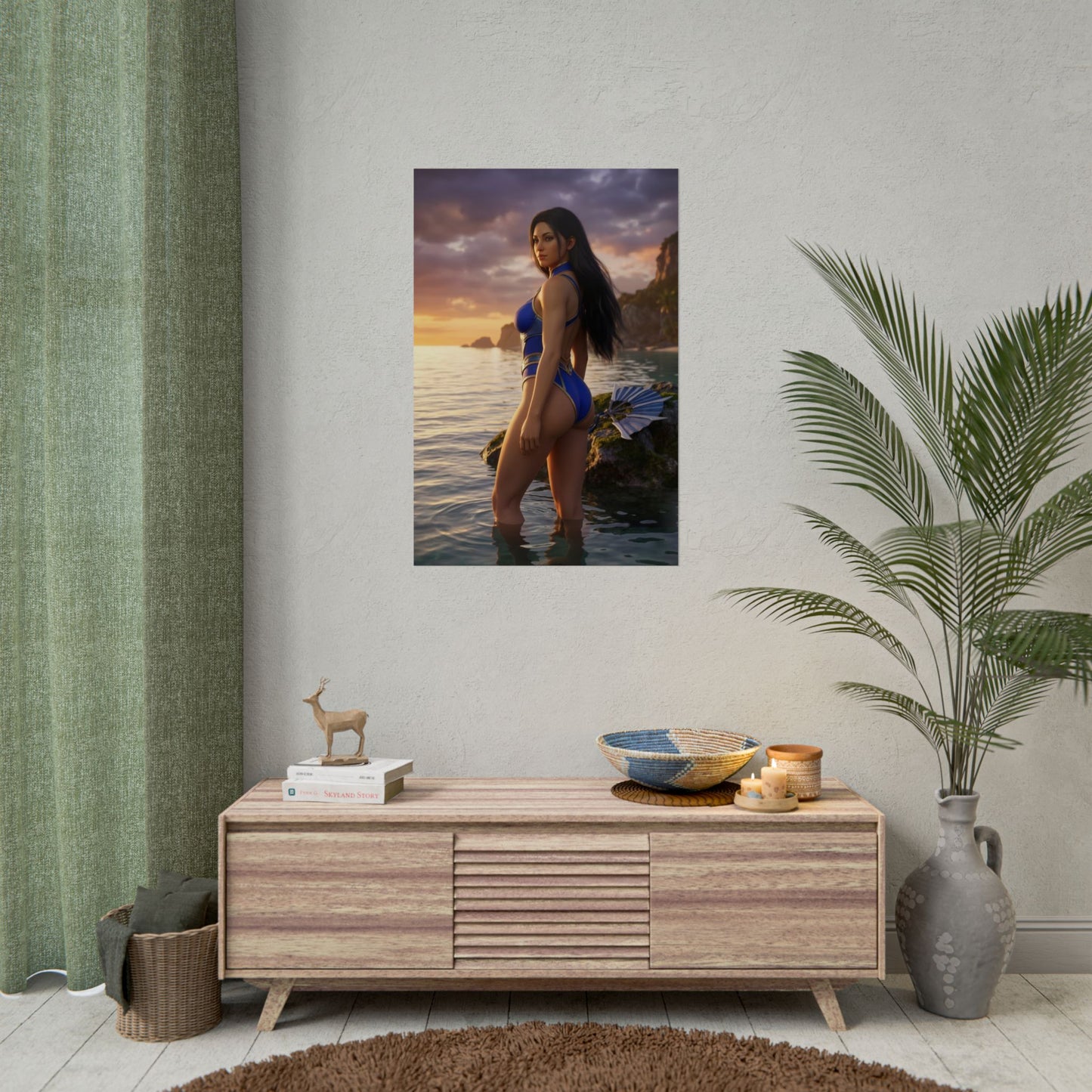 Mortal Kombat Poster – Kitana Art Print, Fighting Game Wall Art featuring Kitana on a rocky shoreline at sunset in blue outfit