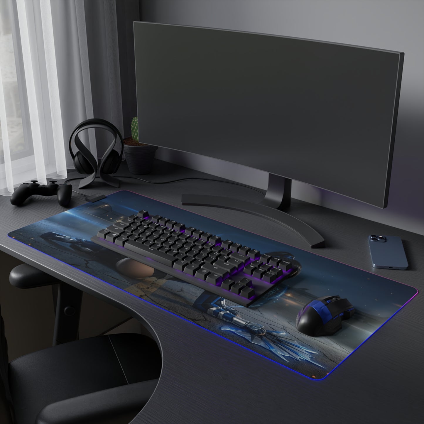 Mortal Kombat Mouse Pad – Kitana RGB Illuminated Desk Mat, Gamer Room Decor, Gift for Gamer showcasing Kitana on a blue-lit RGB desk mat