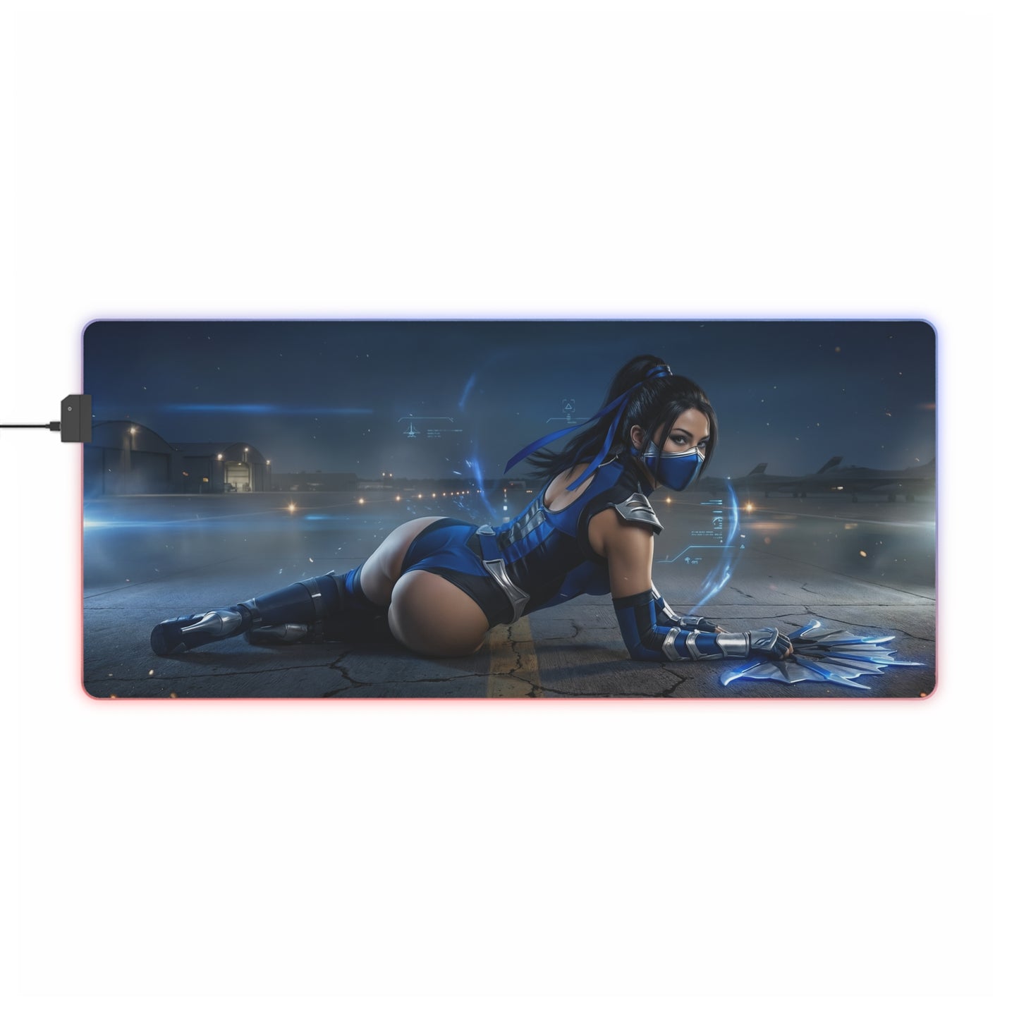 Mortal Kombat Mouse Pad – Kitana RGB Illuminated Desk Mat, Gamer Room Decor, Gift for Gamer showcasing Kitana in blue-lit arena with RGB edge lighting