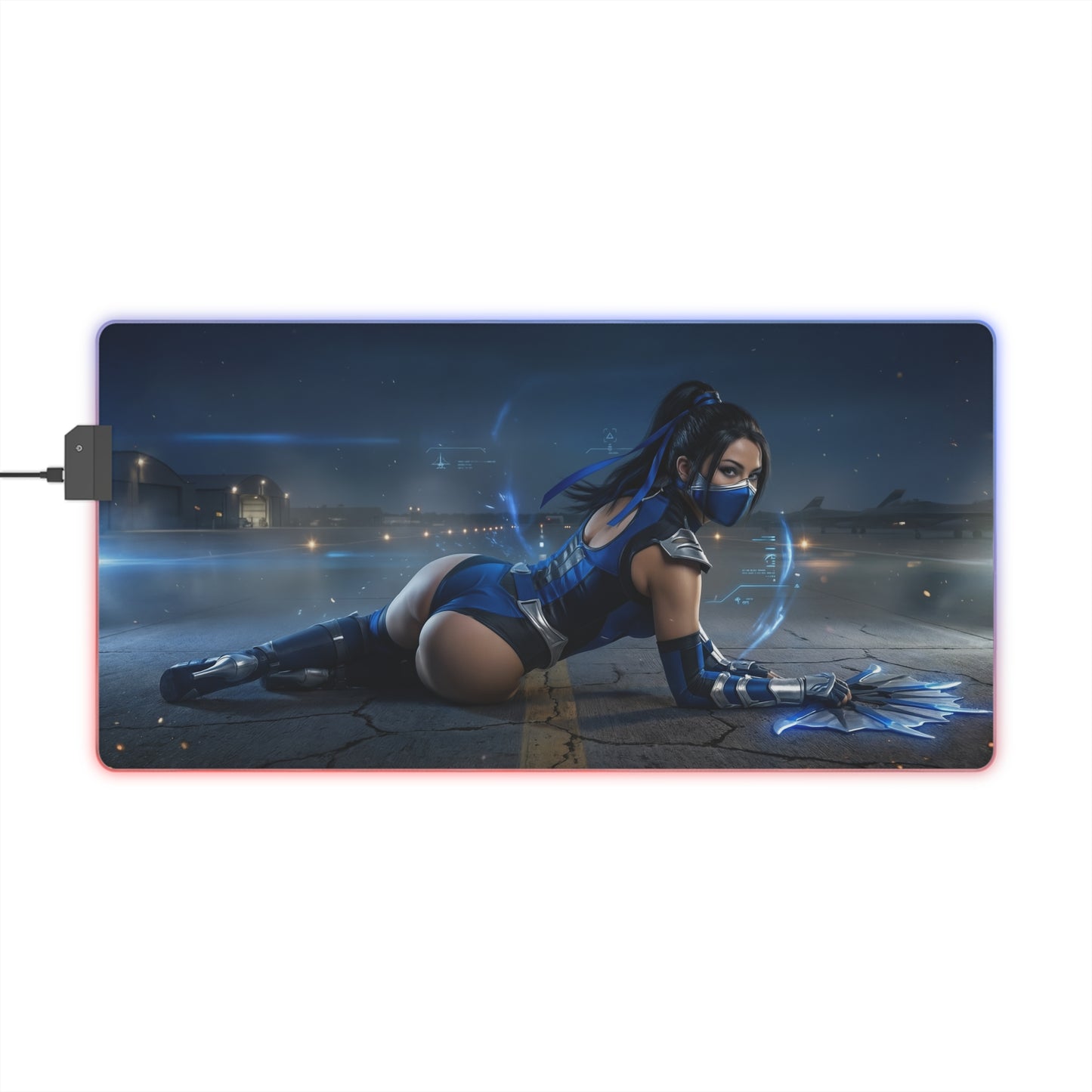 Mortal Kombat Mouse Pad – Kitana RGB Illuminated Desk Mat, Gamer Room Decor, Gift for Gamer showcasing Kitana in blue-lit arena with RGB edge lighting