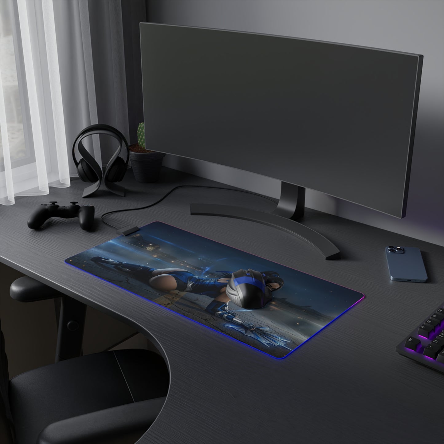 Mortal Kombat Mouse Pad – Kitana RGB Illuminated Desk Mat, Gamer Room Decor, Gift for Gamer showing Kitana on RGB desk mat with blue lighting