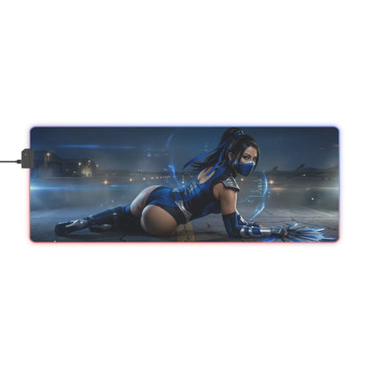 Mortal Kombat Mouse Pad – Kitana RGB Illuminated Desk Mat, Gamer Room Decor, Gift for Gamer showing Kitana in blue-lit combat scene with RGB edge lighting