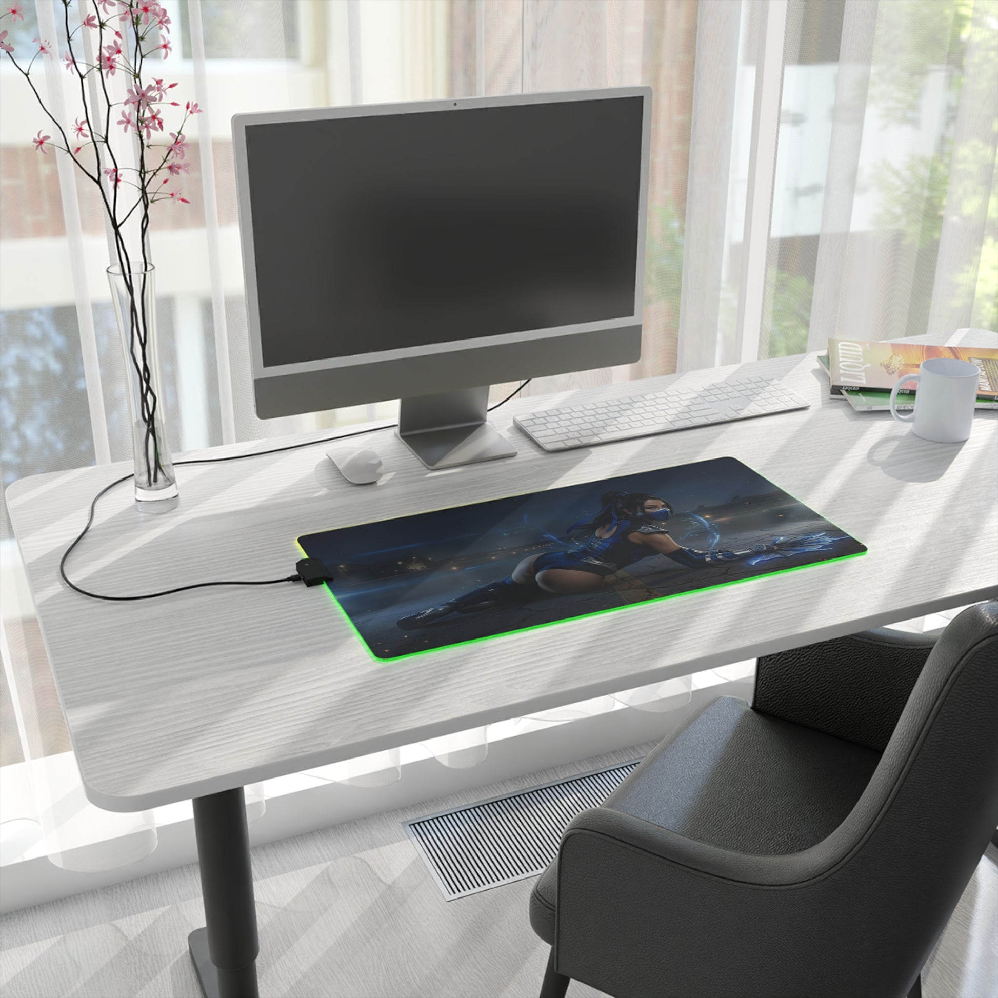 Mortal Kombat Mouse Pad – Kitana RGB Illuminated Desk Mat, Gamer Room Decor, Gift for Gamer on a modern gaming desk with green LED glow