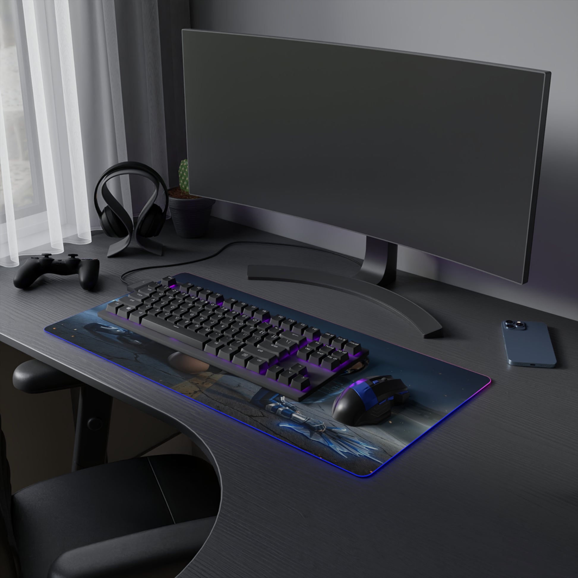 Mortal Kombat Mouse Pad – Kitana RGB Illuminated Desk Mat, Gamer Room Decor, Gift for Gamer showing Kitana in blue-lit arena with RGB edge lighting