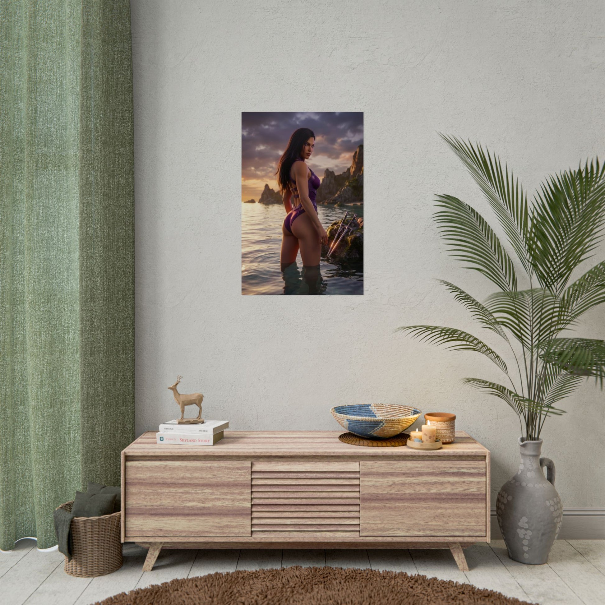 Mortal Kombat Poster – Mileena Art Print, Fighting Game Wall Art featuring Mileena in purple outfit standing in water at sunset