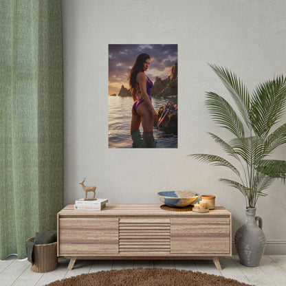 Mortal Kombat Poster – Mileena Art Print, Fighting Game Wall Art featuring Mileena in purple outfit standing in shallow water at sunset