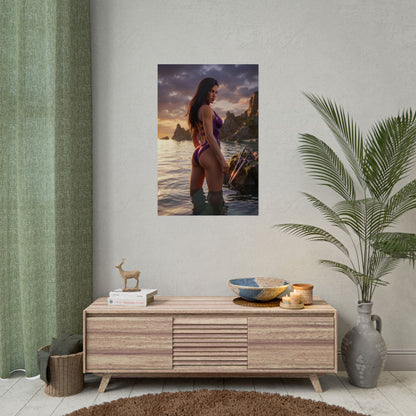 Mortal Kombat Poster – Mileena Art Print, Fighting Game Wall Art showing Mileena in purple outfit standing in shallow water at sunset with twin sai nearby