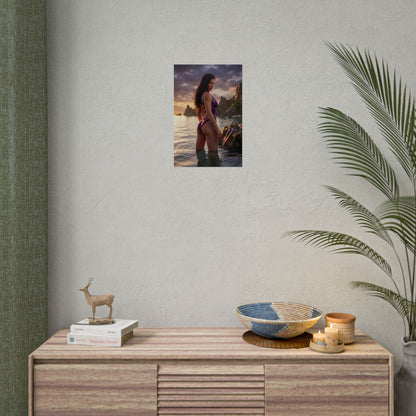 Mortal Kombat Poster – Mileena Art Print, Fighting Game Wall Art showing Mileena standing in water at sunset by rocky shore with twin sai nearby