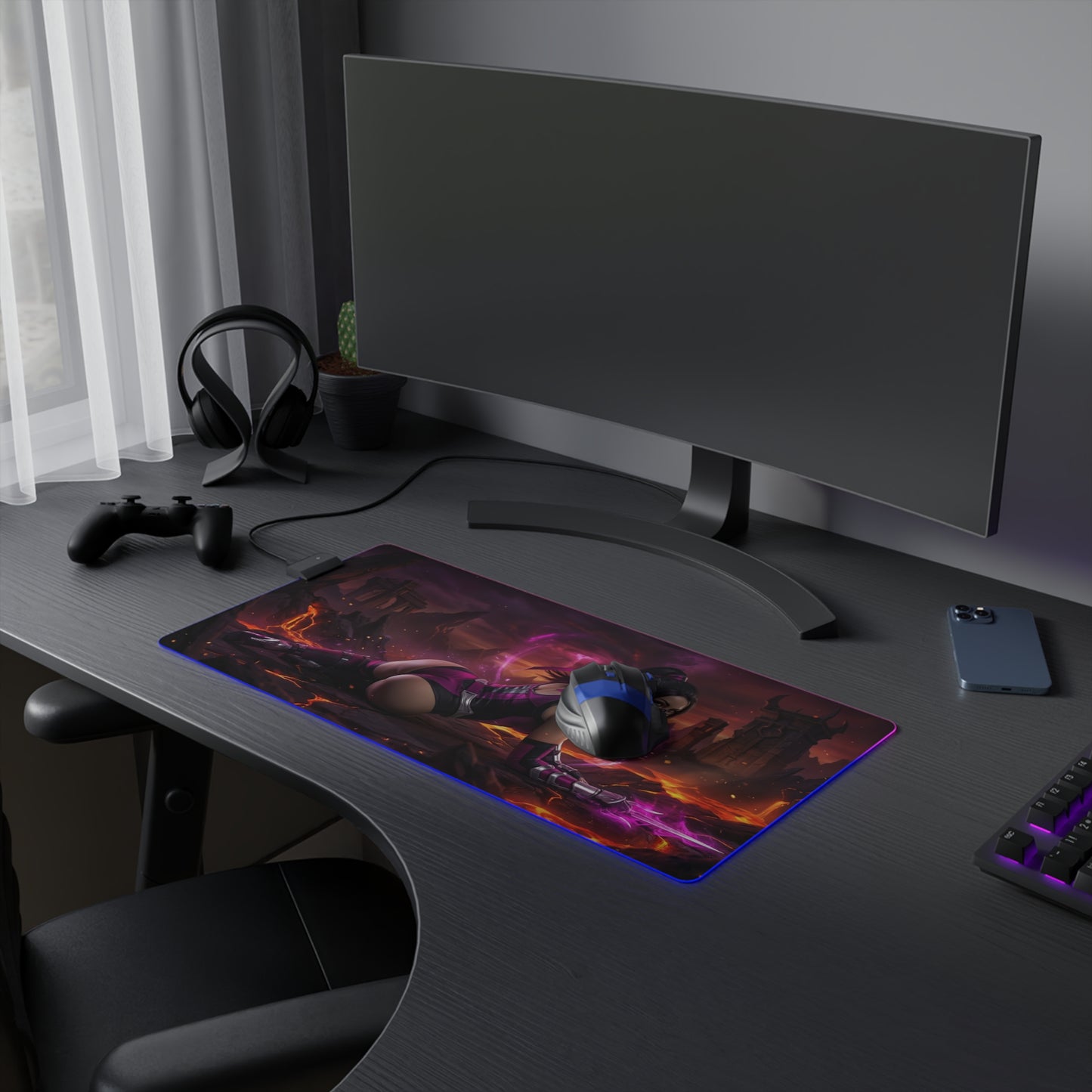 Mortal Kombat Mouse Pad, Mileena LED RGB Desk Mat, Gift for Gamer, Fighting Game Decor - Mileena artwork on large RGB desk mat