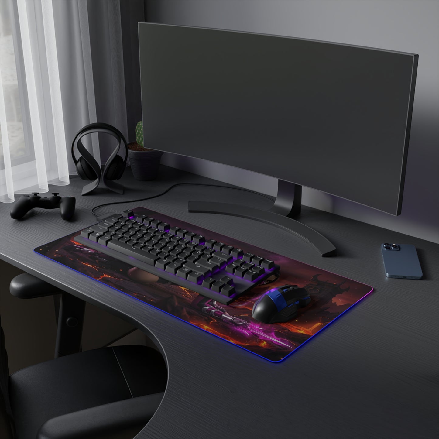 Mortal Kombat Mouse Pad, Mileena LED RGB Desk Mat, Gift for Gamer, Fighting Game Decor — Mileena artwork on gaming desk with RGB lighting
