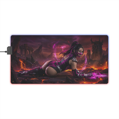 Mortal Kombat Mouse Pad, Mileena LED RGB Desk Mat, Gift for Gamer, Fighting Game Decor — Mileena on volcanic arena with purple energy