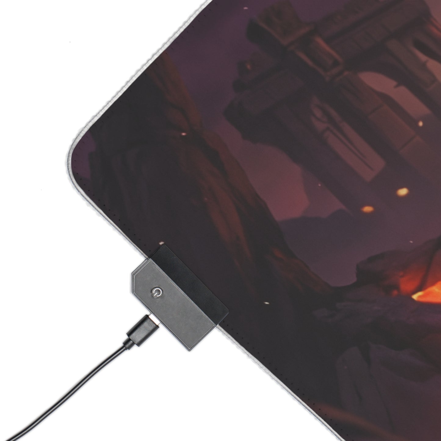 Mortal Kombat Mouse Pad, Mileena LED RGB Desk Mat, Gift for Gamer, Fighting Game Decor showing corner with USB LED controller and volcanic arena artwork