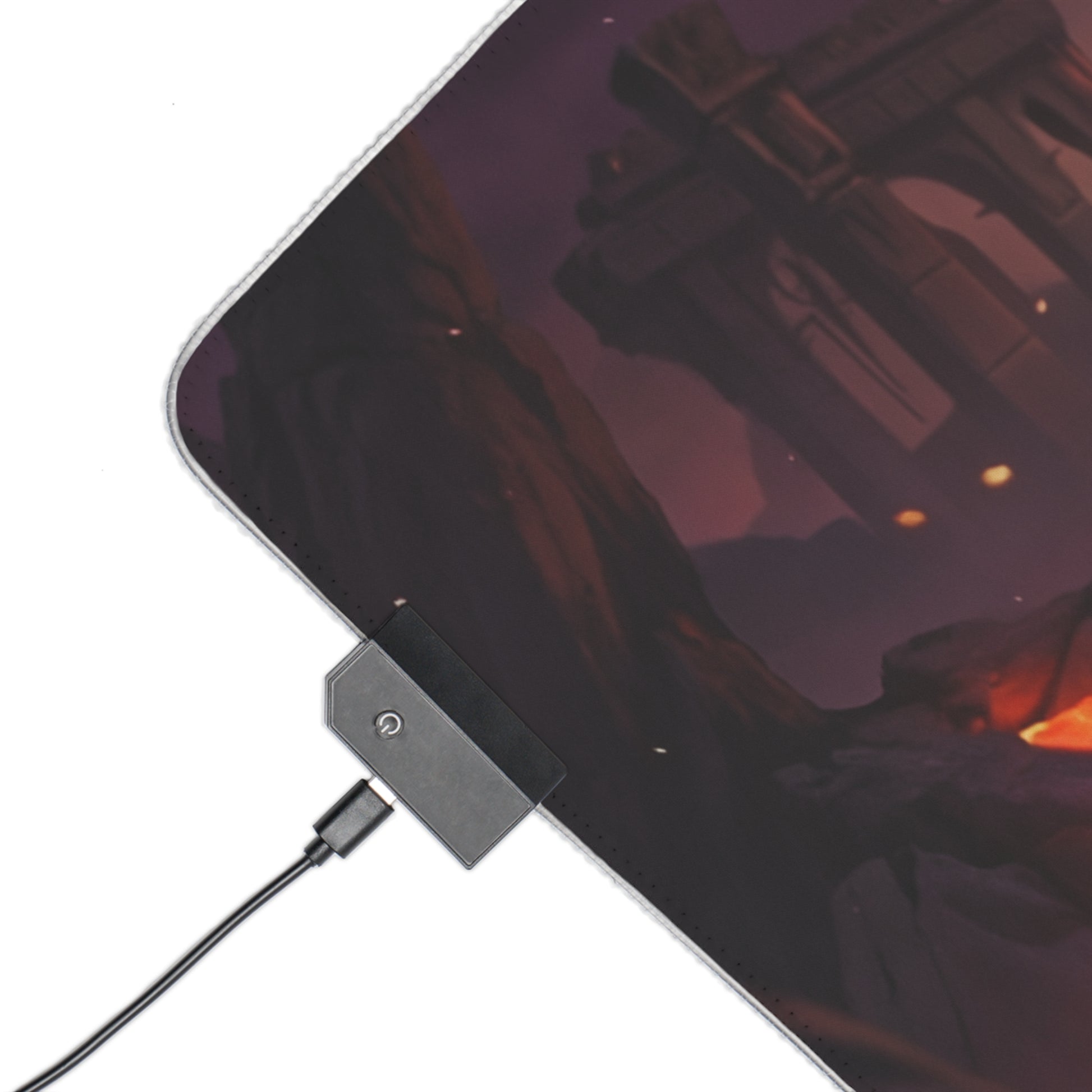 Mortal Kombat Mouse Pad, Mileena LED RGB Desk Mat, Gift for Gamer, Fighting Game Decor showing corner with USB LED controller and volcanic arena artwork