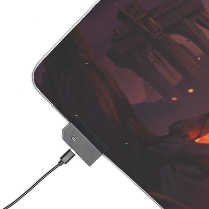 Mortal Kombat Mouse Pad, Mileena LED RGB Desk Mat, Gift for Gamer, Fighting Game Decor showing corner with USB LED controller and volcanic arena artwork