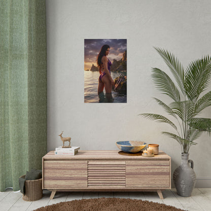 Mortal Kombat Poster – Mileena Art Print, Fighting Game Wall Art featuring Mileena in shallow water at sunset with twin sai