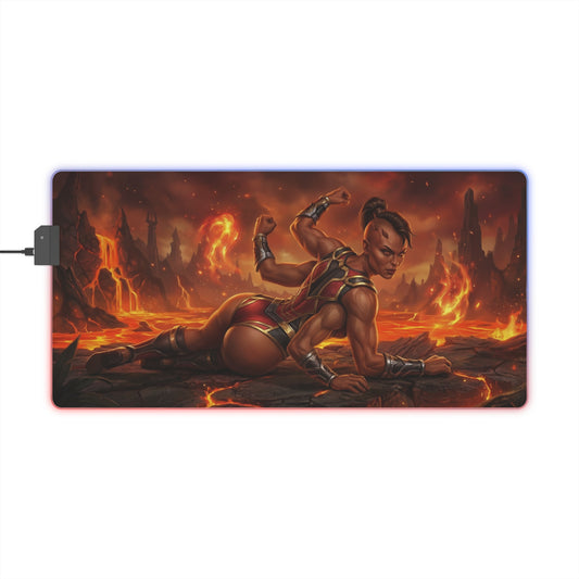 Mortal Kombat Mouse Pad, Sheeva LED RGB Desk Mat, Gift for Gamer, Fighting Game Room Decor — fiery Sheeva on lava battlefield gaming desk mat